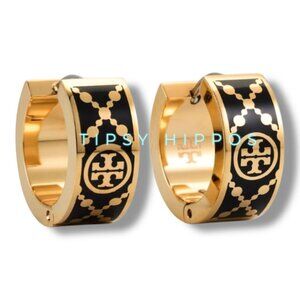✺ Tory Burch Black and Gold T-Monogram Huggie Earrings ✺✺